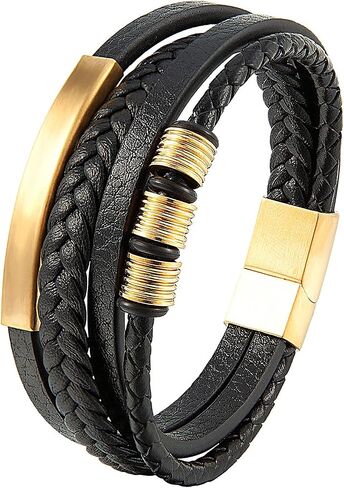 Genuine Leather Bracelet for Men Stainless Steel Charm Magnetic Clasp Classic Multi-layer Mens Bracelet Gift for men Length 8.26 inch in Saudi Arabia