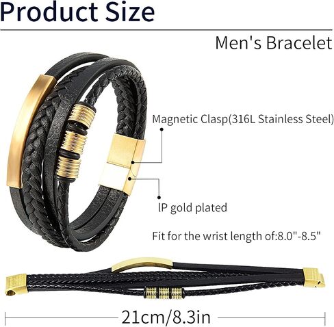 Genuine Leather Bracelet for Men Stainless Steel Charm Magnetic Clasp Classic Multi-layer Mens Bracelet Gift for men Length 8.26 inch in Saudi Arabia