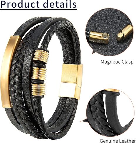Genuine Leather Bracelet for Men Stainless Steel Charm Magnetic Clasp Classic Multi-layer Mens Bracelet Gift for men Length 8.26 inch in Saudi Arabia