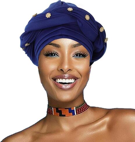 Yeilhile Crystal African Turban Jewel Blue Pre-Tied Headwrap Braid Head Cover Wrap Stretchy Headwear for Women, Blue, One size in Kuwait