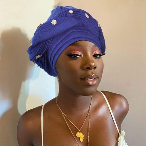Yeilhile Crystal African Turban Jewel Blue Pre-Tied Headwrap Braid Head Cover Wrap Stretchy Headwear for Women, Blue, One size in Kuwait