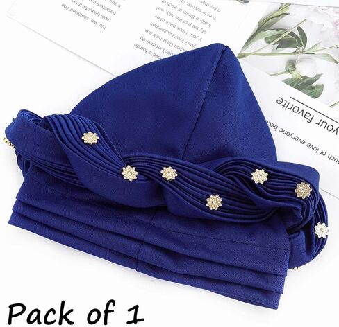 Yeilhile Crystal African Turban Jewel Blue Pre-Tied Headwrap Braid Head Cover Wrap Stretchy Headwear for Women, Blue, One size in Kuwait