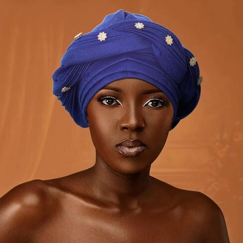 Yeilhile Crystal African Turban Jewel Blue Pre-Tied Headwrap Braid Head Cover Wrap Stretchy Headwear for Women, Blue, One size in Kuwait