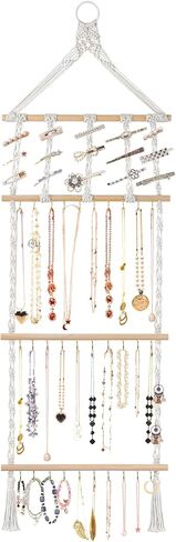 Grathia Hanging Jewelry Organizer Macrame Necklace Holder with 30 Hooks, Wall Mounted Necklace Rack, Necklace Hanger with Tassel for Necklaces Bracelet Earrings Hair Clips in Kuwait