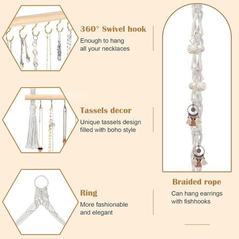 Grathia Hanging Jewelry Organizer Macrame Necklace Holder with 30 Hooks, Wall Mounted Necklace Rack, Necklace Hanger with Tassel for Necklaces Bracelet Earrings Hair Clips in Kuwait