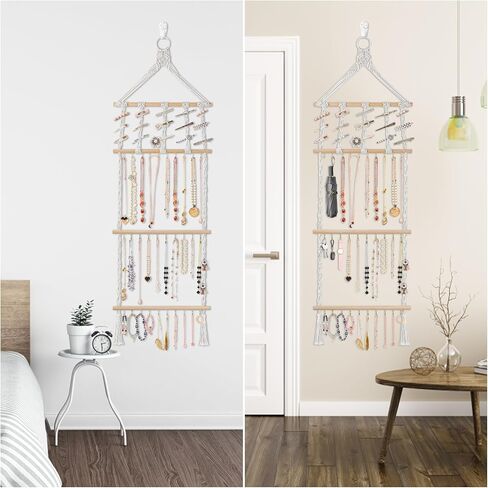 Grathia Hanging Jewelry Organizer Macrame Necklace Holder with 30 Hooks, Wall Mounted Necklace Rack, Necklace Hanger with Tassel for Necklaces Bracelet Earrings Hair Clips in Kuwait