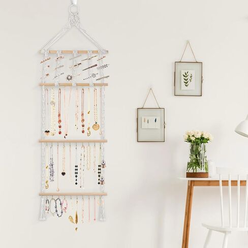 Grathia Hanging Jewelry Organizer Macrame Necklace Holder with 30 Hooks, Wall Mounted Necklace Rack, Necklace Hanger with Tassel for Necklaces Bracelet Earrings Hair Clips in Kuwait
