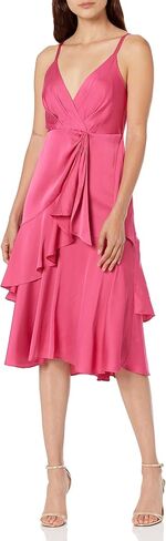 Women's Spaghetti Strap Fit and Flare Faux Wrap with Cascade and Ruffle Event Party Date Guest of in Saudi Arabia