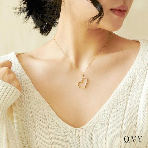 QVY Gold Heart Necklace for Women Cubic Zirconia Sideways Heart Delicate Wedding Jewelry Open Heart Pendant Mom Necklace for Mothers Day Gift [VHN] in Kuwait