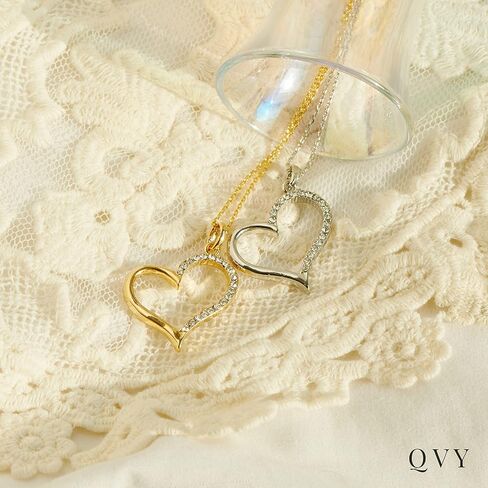 QVY Gold Heart Necklace for Women Cubic Zirconia Sideways Heart Delicate Wedding Jewelry Open Heart Pendant Mom Necklace for Mothers Day Gift [VHN] in Kuwait