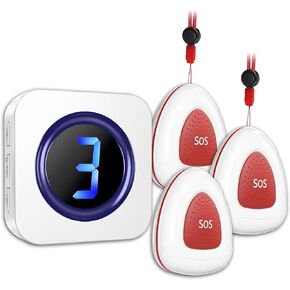 نظام استدعاء ممرضة مزود بزر استدعاء لاسلكي، 900 قدم مع شاشة عرض أرقام LED لكبار السن/المريض/المعاقين في المنزل/المستشفى/جرس باب العيادة (3 زر اتصال مقاوم للماء SOS وجهاز استقبال واحد)