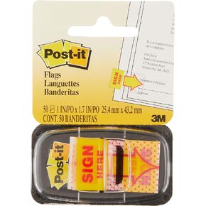 Post-it Printed Message Flags, "Sign Here", 1 Inch Yellow, One Dispenser of 50 Flags