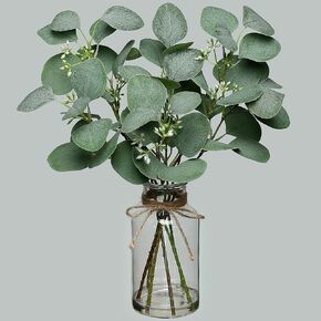 FOTEEWL 15" Artificial Eucalyptus Stems in Glass Vase with Faux Water,Fake Plant Eucalyptus Leaves Greenery for Centerpiece Table Decorations Office Farmhouse Wedding Kitchen Home Decor（Green）