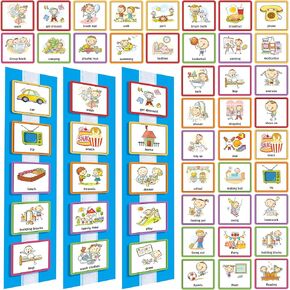 60 Pieces Visual Schedule Cards Chart Routine Cards Autism Learning Materials with Back Board and Hook and Loop for Home, School, Preschool Children, ADHD, Autism (Blue)