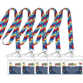 5 Sets Autism Alert Card, Autism Anxious Non-Verbal Awareness Medical Card, Autism Card with Writable Panel and Autism Patterned Lanyard with Waterproof Card Holder