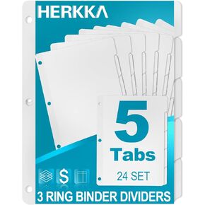 5-Tab Binder Dividers, HERKKA 3 Ring Binder Dividers with Reinforced Edge, 3 Hole Punch Section Index Dividers for Binders, 1/5-Cut Tabs, Letter Size, White, 120 Dividers