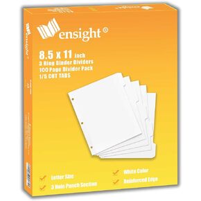 Ensight 3 Ring Page Dividers Bulk, 1/5 Cut Tab Dividers, 100 Per Box - Divider Pages with Tabs, Decorative Printable Rewritable Divider Tabs, Exhibit Tab Dividers for 3 Ring Binders Bulk