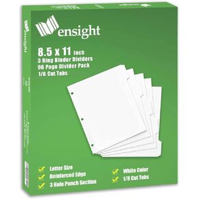 Ensight 3 Ring Page Dividers Bulk, 1/5 Cut Tab Dividers, 100 Per Box - Divider Pages with Tabs, Decorative Printable Rewritable Divider Tabs, Exhibit Tab Dividers for 3 Ring Binders Bulk