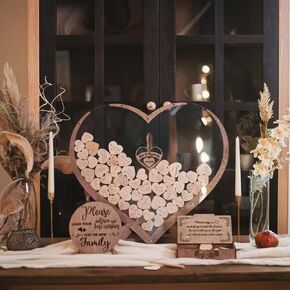 Wedding Guest Book Alternative Acrylic Rustic Wedding Decorations for Reception Weding Guest Book with 80pc Heart Drop Box to Sign Wedding Anniversary Party (F-Heart)