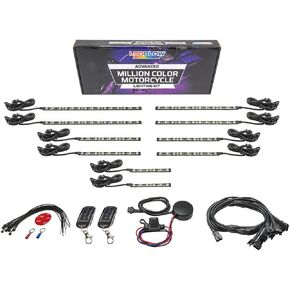 LEDGlow 10pc Advanced Million Color LED Motorcycle Accent Underlow Light Kit - 15 Solid Colors - 6 Patterns - Multi-Color Flexible Strips - Includes Waterproof Control Box & 2 Wireless Remotes