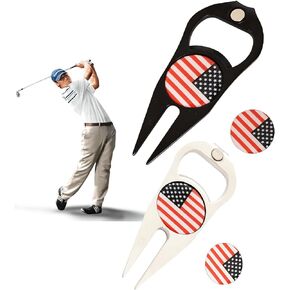 2 Pcs Golf Divot Repair Tool Divot Tool and Ball Marker, Gift Ideas Golf Multitool for Men Golfers (Flag)