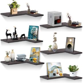 Natural Wood Set of 4 Wall Mount Bathroom Corner Shelves floating Corner Shelf L-shaped Floating Corner Shelves for Bedroom Kitchen Office Livingroom Rustic Corner Display Shelf Carbonized Black