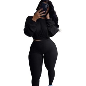 Ribbed Sweatsuits for Women Set 2 Piece Sexy Casual Long Sleeve Top Bodycon Long Pants Set Tracksuit in Saudi Arabia