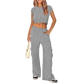 Pink Queen Womens 2 Piece Outfits Sweatsuits Sets Cap Sleeve Crop Tops Wide Leg Cargo Pants with Pockets