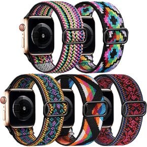 Easuny 5 Pack Stretchy Bands Compatible with Apple Watch 38mm 40mm 41mm 42mm 44mm 45mm 49mm Women, Elastic Fabric Braided Nylon Strap Wristband for iWatch SE Series 9 8 7 6 5 4 3 Ultra Boho Solo Loop