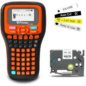 Pristar PS-100E Label Maker Machine with 1 Tape, Auto-Cut Portable Handheld Label Maker, Thermal Transfer Printing, Rechargeable Label Printer with Keyboard for Office/Home/School Organization, Orange