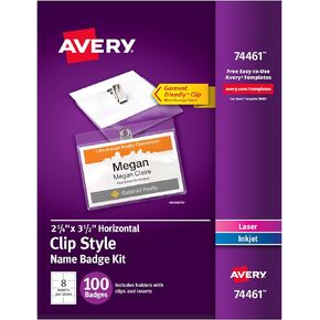 Avery Customizable Name Badges with Clips, 2.25" x 3.5", Clear Name Tag Holders with White Printable Inserts, 100 Clip Style Name Badges (74461)