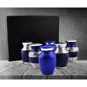 Bold & Divine Small Cremation Urns for Human Ashes | Set of 6-3 Cubic Inches | Mini Keepsake Blue and Silver with Velvet Case