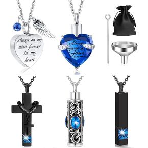 5 Piece Urn Necklace, Ashes Cremation Jewelry, Crystal Heart Cross Cube Ashes Necklace, Men's and Women's Ashes Keepsake with Small Spoon, Funnel, Velvet Pouch Ashes Cremation Jewelry (Blue)