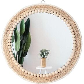 Boho Wall Mounted Mirror Round Mirror Decorative Hanging Mirror 15 Inch Circle Rattan Mirror Boho Bedroom Decor Farmhouse Mirror Living Room Bathroom Decor Boho Furniture for Girl