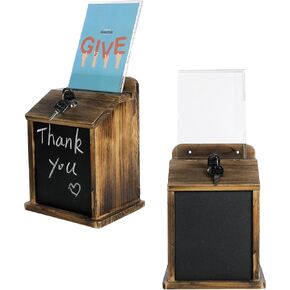 MyGift Set of 2 Money Tip Collection and Donation Box, Rustic Burnt Solid Wood Wall Mounted Comment Box with Chalkboard Label, Lock, Keys, & Acrylic Sign Holder