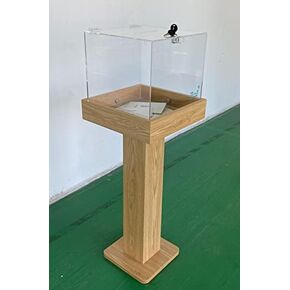 Floorstanding tall 38"Hx13"Wx13"D lucite charity donation collection box Stand Free Acrylic Large Floor Standing Tithing Box Suggestion Ballot Box Natural wood stand Lock and keys Included
