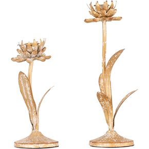 Cut Metal Flower Shaped Taper Candle Holder in Distressed Gold Finish (Set of 2 Sizes)