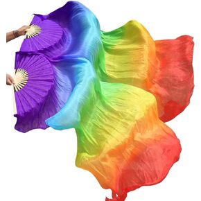 Belly Dance Faux Silk Veil Fans, 1 Pair (Left+Right) Faux Silk Bamboo Long Fans Veils, Handmade Belly Dance Dancing Silk Fans, Dance Performance