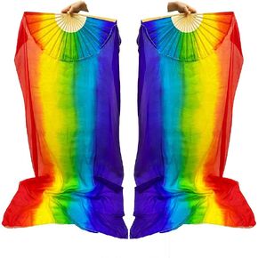 1 Pair (Left+Right) Premium Silk Belly Dance Fan Veil, Women Colorful Long Folding Fans, Designed for Dancing Show and Flow Arts, Length 71" Width 35"