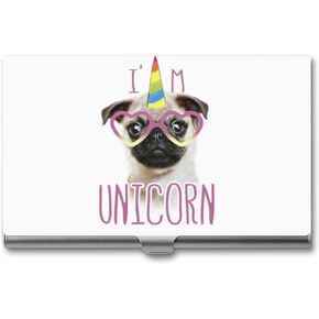 Business Card Holder, Cute Pugs And Unicorns Print Pocket Slim Portable Metal Business Card Case for Women Men, 3.7X2.2X0.3 Inch