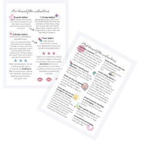 Dermal Filler Pre and Post Injection Care Instructions Card | 30 Pack | 5x7" inches large Post Card Size | Dermal Filler Injections White with Color Icons Design