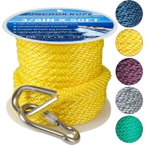 Anchor Rope 50FT x 3/8in,Premium Solid MFP Braided Anchor Rope Anchor Line,Boat Anchor Rope with Stainless Steel Thimble & Snap Hook,Boat Rore Marine Rope for Anchors and Boats(Black/Yellow)