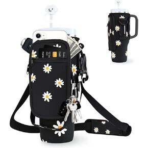 Water Bottle Bag with Phone Pocket for Stanley 40 OZ Tumbler with Handle Neoprene Water Bottle Holder Pouch with Adjustable Strap Bollus with Straw Cover & Carabiner for Stanley Cup Accessories