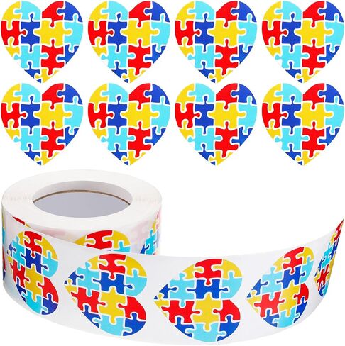 500 Pieces Autism Stickers Self Adhesive Asperger's Awareness Sticker Labels Roll Colorful Puzzle Envelope Tab Sealer Autism Awareness Gifts for Women Men Kids Teen (Ribbon Shaped) in Saudi Arabia