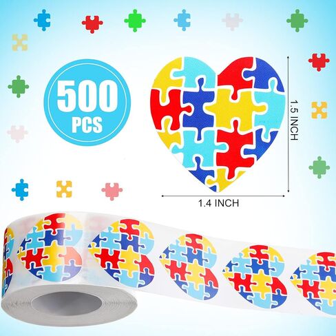 500 Pieces Autism Stickers Self Adhesive Asperger's Awareness Sticker Labels Roll Colorful Puzzle Envelope Tab Sealer Autism Awareness Gifts for Women Men Kids Teen (Ribbon Shaped) in Saudi Arabia