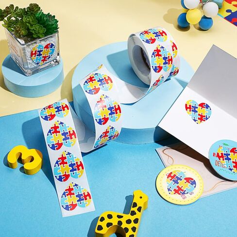 500 Pieces Autism Stickers Self Adhesive Asperger's Awareness Sticker Labels Roll Colorful Puzzle Envelope Tab Sealer Autism Awareness Gifts for Women Men Kids Teen (Ribbon Shaped) in Saudi Arabia