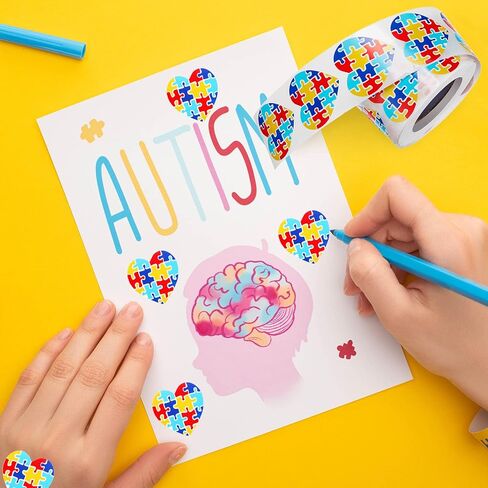 500 Pieces Autism Stickers Self Adhesive Asperger's Awareness Sticker Labels Roll Colorful Puzzle Envelope Tab Sealer Autism Awareness Gifts for Women Men Kids Teen (Ribbon Shaped) in Saudi Arabia