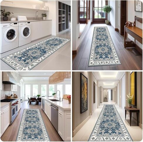بوهو البساط العداءين 2x6، العداءين الممرات الطويلة الضيقة، سجاد المطبخ غير قابل للانزلاق قابل للغسل، سجاد المنطقة المدعومة بالمطاط للمدخل غرفة النوم الداخلية السرير مزرعة الغسيل الحمام (الأزرق، 2'x6') in Kuwait