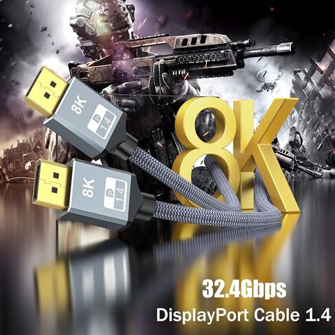 كابل DisplayPort 8K 1.4، منفذ عرض إلى كابل منفذ العرض 6FT (8K@60 هرتز، 4K@144 هرتز، 2K@165 هرتز، 1080P)، HDCP 2.2، 32.4 جيجابت في الثانية، سلك HDR10 DP إلى DP لشاشة الألعاب والرسومات والكمبيوتر الشخصي in Saudi Arabia