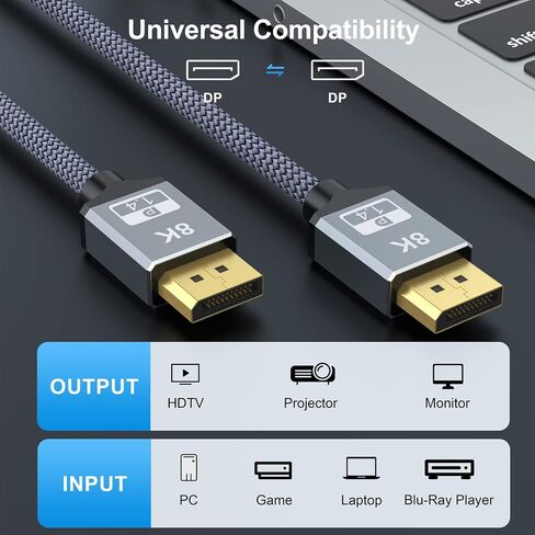 كابل DisplayPort 8K 1.4، منفذ عرض إلى كابل منفذ العرض 6FT (8K@60 هرتز، 4K@144 هرتز، 2K@165 هرتز، 1080P)، HDCP 2.2، 32.4 جيجابت في الثانية، سلك HDR10 DP إلى DP لشاشة الألعاب والرسومات والكمبيوتر الشخصي in Saudi Arabia